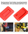 Dual-purpose red tool holder bracket for mounting 18V and 20V cordless tools, suitable for Milwaukee and Dewalt tools.