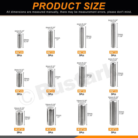 60 Pieces Stainless Steel Dowel Pin Kit With 12 Sizes M6 M8 M10 304 Grade Pins displayed with dimensions and piece count