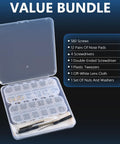 All In One Magnetic Eyeglasses Repair Kit With Precision Screwdrivers, Tweezers And 580 Pieces displayed in open case