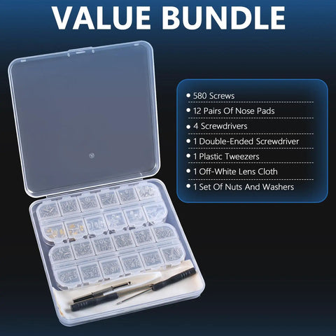 All In One Magnetic Eyeglasses Repair Kit With Precision Screwdrivers, Tweezers And 580 Pieces displayed in open case