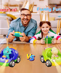 Two Pack Dinosaur Remote Control Cars For Toddlers Ages 2 To 5 being played with by a man and child, showcasing blue and green dino RC cars.