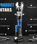 Beefy 2 Inch Electric Hydraulic Cable Cutter For Industrial Electricians Heavy Duty Cutter That Handles 1000 MCM Copper And 1250 MCM Aluminum Not For ACSR Steel Wire Rope Or Live Wires. Product details showing cutting head, trigger, handle, battery and LCD screen.
