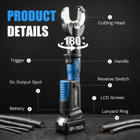 Beefy 2 Inch Electric Hydraulic Cable Cutter For Industrial Electricians Heavy Duty Cutter That Handles 1000 MCM Copper And 1250 MCM Aluminum Not For ACSR Steel Wire Rope Or Live Wires. Product details showing cutting head, trigger, handle, battery and LCD screen.