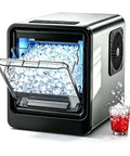 Premium Countertop Nugget Ice Maker Producing Sweet Chewable Pellets In Record Time showcasing ice storage with glass of drink.