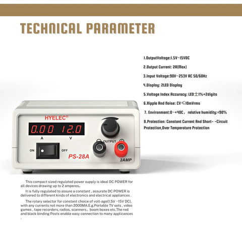 Adjustable DC Power Supply With Dual LCD Display Dope Benchtop Power Supply Regulated 3V To 12V Outputs 1.5-15V DC PS-28A