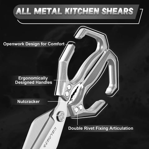 Heavy Duty Two Pack Kitchen Scissors Set For Food With Bone Cutting Blades, Includes Poultry Shears And All Purpose Kitchen Shears, Made From 3Cr13Mov Stainless Steel, Built To Rip Through Tough Bones; all-metal kitchen shears with openwork handle