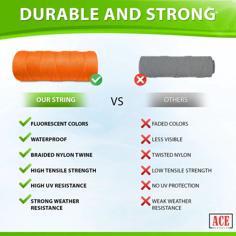 Comparison between orange mason line string nylon twine 250 feet braided size 18 and standard gray twine, highlighting durability.