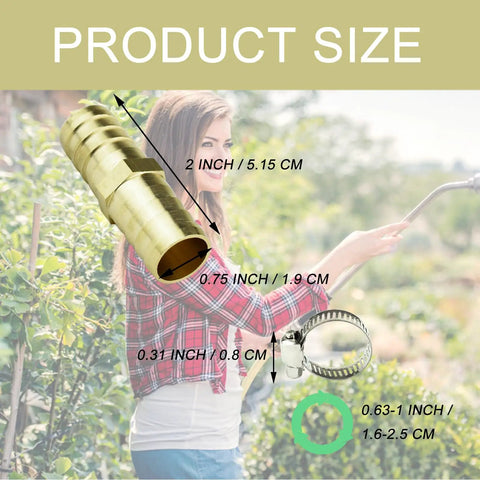 Two Pack Brass Garden Hose Connector Repair Kit With Rustproof Stainless Steel Clamps For Three Quarter Inch Water Hose Fittings Easy Leak Fix Mender For Outdoor Garden Hose Repair showing size dimensions on image with hose and clamp.