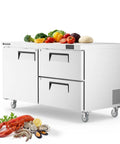Heavy Duty 60 Inch Commercial Worktop Undercounter Refrigerator With Dual Drawer Door Setup And Six Pan Stainless Steel Prep Cabinet with fresh produce.