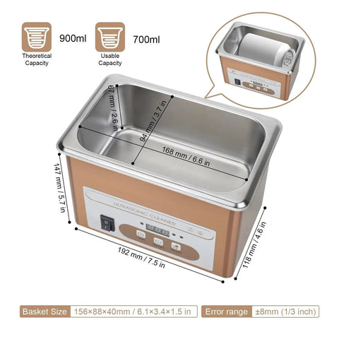 Detailed dimensions of Heavy Duty 900Ml Ultrasonic Cleaner Machine with stainless steel tank for effective cleaning.