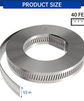 Stainless steel hose clamp roll, 40 ft length, 1/2 in wide worm-drive band.