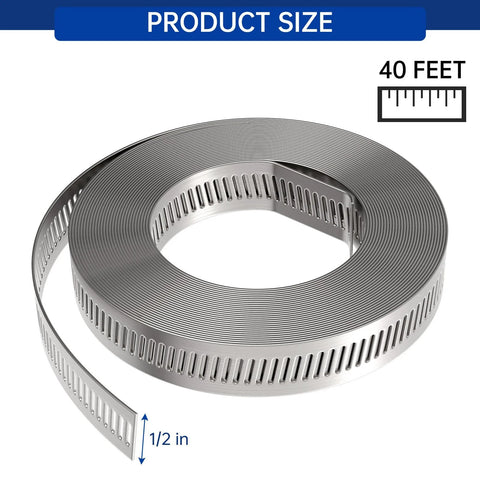 Stainless steel hose clamp roll, 40 ft length, 1/2 in wide worm-drive band.