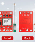 Front and back view of 4 Pack Dual Mode GPS Module With GLONASS NEO-6M Chip, High Sensitivity -161dBm, Ceramic Antenna, Red