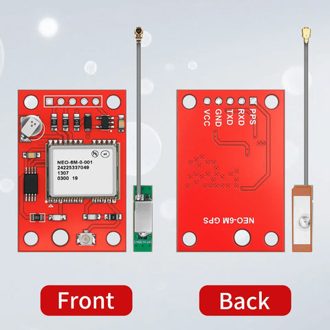 Front and back view of 4 Pack Dual Mode GPS Module With GLONASS NEO-6M Chip, High Sensitivity -161dBm, Ceramic Antenna, Red