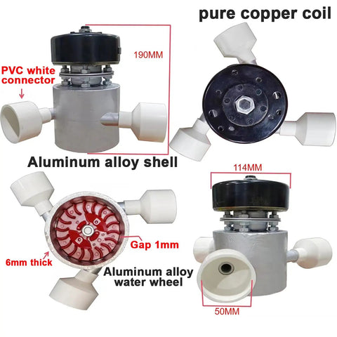 1000W Micro Hydroelectric Generator 220V Mini Water Turbine Power Station showing aluminum alloy shell and three 50mm inlets.