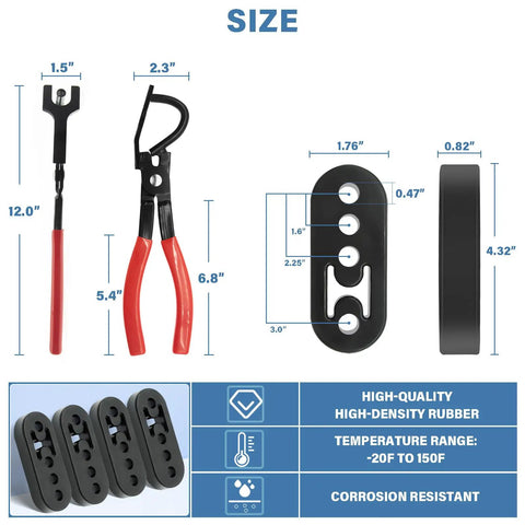 Exhaust Hanger Removal Pliers Set With 4 Hole Rubber Hanger Insulators Kit 5 Pieces Auto Repair Tool showing tool dimensions