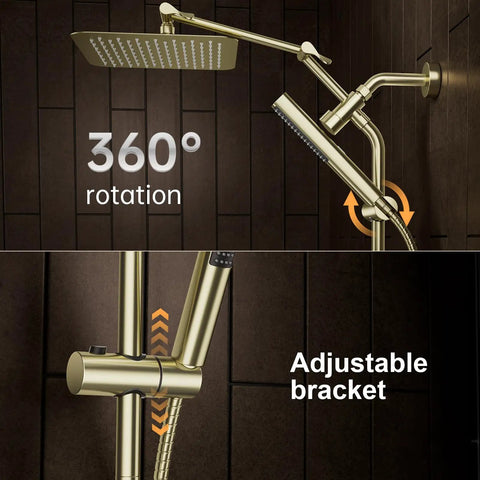 Top Grade 10 Inch Brushed Gold Rainfall Shower Head With Adjustable Handheld Sprayer Heavy Duty All Metal Build Smooth High Pressure Flow Zero Fluff Bathroom Upgrade
