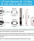 Diagram of Eyelet Kit With 110 Sets In Black And Silver, Includes 3 Tools And A Storage Box, Stainless Steel Hardware, dimensions shown