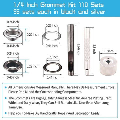 Diagram of Eyelet Kit With 110 Sets In Black And Silver, Includes 3 Tools And A Storage Box, Stainless Steel Hardware, dimensions shown