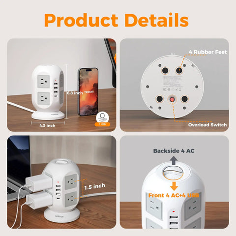 Ultra Slim 10 Foot Power Strip Tower With Eight Widely Spaced Outlets And Four USB Ports next to smartphone on desk.