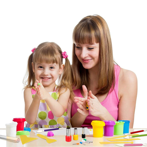 Mother and daughter using 57 Piece Polymer Clay Tools Set With Acrylic Roller, Sheets, Scrapers, Modeling Tools and Cutters