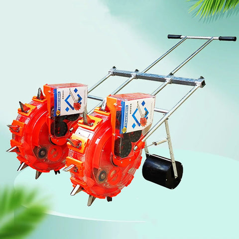 Handheld Seed Spreader And Fertilizer Applicator For Easy Planting Manual Seeder With Roll-Row Design side view on green background