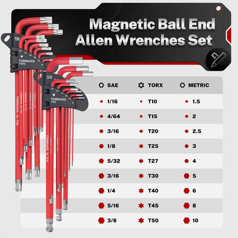 All In One Allen Wrench Set SAE Metric Torx Magnetic Ball End T Handle 27 Piece Kit For Home Auto DIY Pros Includes Magnetic Ball End Easy Grip Precise Hex And Torx Fit Heavy Duty Construction Magnetic Tip Keeps Bits In Place, 27-piece SAE metric Torx set