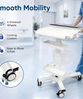 Legit Anti Theft Medical Laptop Cart With Smooth Height Adjustments And Built In Scanner Bracket Using Rock Solid Locking Casters Plus Roomy Storage Trays for Clinic or Hospital Crews shows smooth mobility with adjustable shelves and locking casters.