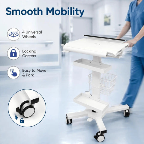 Legit Anti Theft Medical Laptop Cart With Smooth Height Adjustments And Built In Scanner Bracket Using Rock Solid Locking Casters Plus Roomy Storage Trays for Clinic or Hospital Crews shows smooth mobility with adjustable shelves and locking casters.