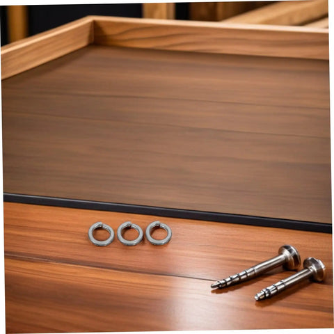 100 Count Stainless Steel Split Lock Washers M10 Spring Deck Fasteners on a wooden surface with screws.