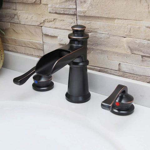 Waterfall Style Widespread Bathroom Faucet With 8 To 16 Inch Mounting Three Hole Two Handles Pop Up Drain Overflow Farmhouse