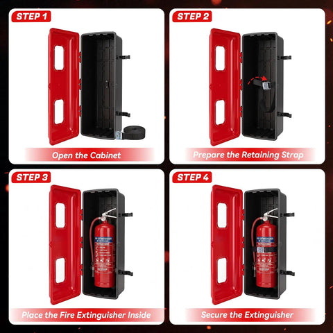 Heavy Duty Red Fire Extinguisher Cabinet With Hella Secure External Latch And Locking Strap For Indoor Outdoor Wall Mount Holds Five To Ten Pound Units Built Tough For Absolute Peace Of Mind Protection Every Day