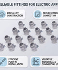 Hassle Free Squeeze Connectors 1/2 Inch Push In Fitting For Dry Indoor Projects No Sweat Wiring With Rock Solid Die Cast Zinc Alloy Reliable Fit For Conduit And Power Boxes Pack Of 20 arrangement of zinc alloy push-in fittings.