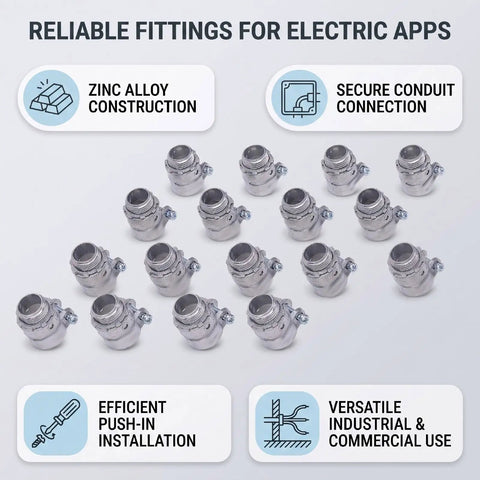 Hassle Free Squeeze Connectors 1/2 Inch Push In Fitting For Dry Indoor Projects No Sweat Wiring With Rock Solid Die Cast Zinc Alloy Reliable Fit For Conduit And Power Boxes Pack Of 20 arrangement of zinc alloy push-in fittings.