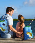 Father and daughter with 20 Pcs Fishing Party Favors Drawstring Backpacks 17 by 13.4 Inches by a lake