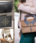 Collage showing studded leather accessories: black wallet and clutch, brown and gray handbag, and white sandals with rivets.