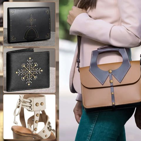 Collage showing studded leather accessories: black wallet and clutch, brown and gray handbag, and white sandals with rivets.