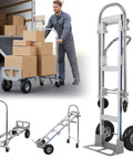 Two In One Convertible Hand Truck With Aluminum Alloy Frame Converts From Two Wheel Upright To Four Wheel Cart With Expanded Base Cargo Trolley For Warehouse Movers Couriers And Office Deliveries, shown loaded with boxes