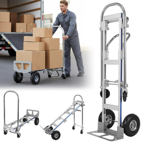 Two In One Convertible Hand Truck With Aluminum Alloy Frame Converts From Two Wheel Upright To Four Wheel Cart With Expanded Base Cargo Trolley For Warehouse Movers Couriers And Office Deliveries, shown loaded with boxes