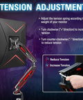 Single Gaming Monitor Arm With Mechanical Spring Load, Fully Adjustable Clamp Or Grommet Mount For Up To 32 Inch Screens, showing tension adjustment settings.