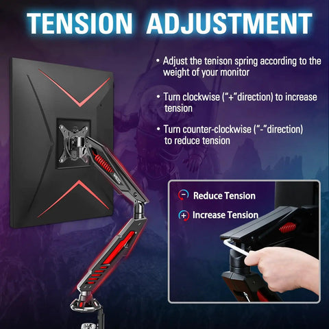 Single Gaming Monitor Arm With Mechanical Spring Load, Fully Adjustable Clamp Or Grommet Mount For Up To 32 Inch Screens, showing tension adjustment settings.