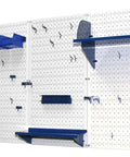 4 Ft Metal Pegboard Organizer Kit with white toolboard and blue accessories mounted for garage wall storage.