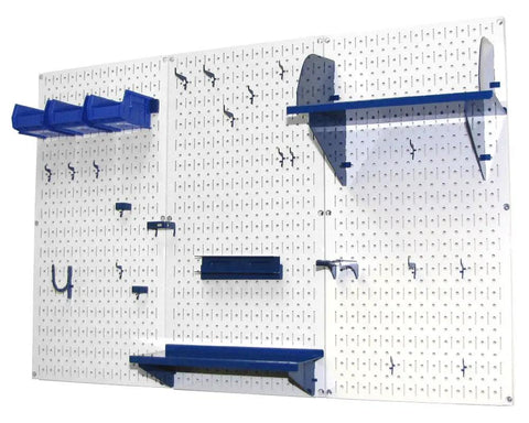 4 Ft Metal Pegboard Organizer Kit with white toolboard and blue accessories mounted for garage wall storage.