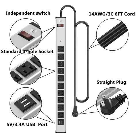 Ten Outlet Aluminum Power Strip With 6 Ft Extension Cord Heavy Duty 15A 125V 1875W Industrial Grade Black Sockets diagram.
