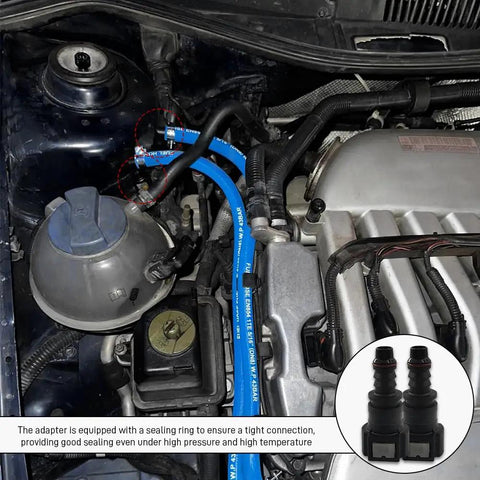 Solid 2 Pack Nylon Fuel Line Quick Connector installed in an engine bay for reliable fuel flow under high pressure.
