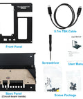 Thunderbolt 3 eGPU dock components including front panel, base panel, TB4 cable, screwdriver, and user manual.