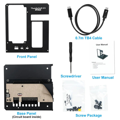 Thunderbolt 3 eGPU dock components including front panel, base panel, TB4 cable, screwdriver, and user manual.
