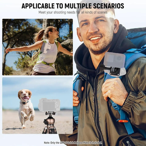 Man using 38mm Arca Type Quick Release Camera Plate For Strap Clip And Tripod Setup for action shots with backpack camera mounting.