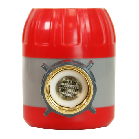 Easy Dial Mechanical Water Timer For Lawn And Garden Watering Up To 120 Minutes Fits Standard Garden Hoses And Outdoor Faucets Debris Filter Manual Dial Large Readable Numbers Glove Friendly No Fuss Setup Red Gray, showing debris filter end in close-up.