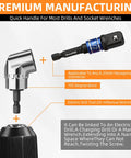 Flexible Drill Bit Extension Set 4 Piece With 1/4 Inch 3/8 Inch 1/2 Inch Hex Shank Adapters And 105 Degree Right Angle Attachment For Impact Drivers At Home Shop And Industrial Jobs, showing a 105-degree angle adapter next to a socket adapter.